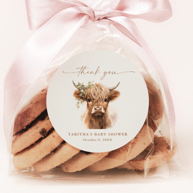 Boho Cow Couples Baby Shower Thank You Classic Round Sticker (Highland Cow Script Baby Shower Thank You Favor or Envelope Sticker Tag.)