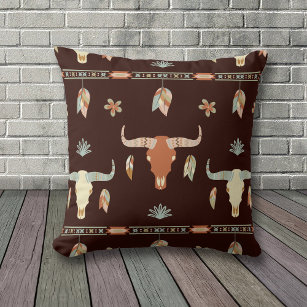 Boho Cow Skull and Feathers Pattern Cushion