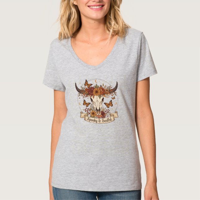 Boho Cow Skull Autumn Floral Fashion Women T-Shirt (Front)