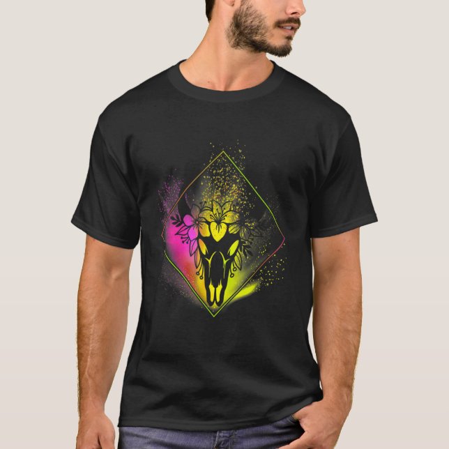 Boho Cow Skull Flowers Diamond Pink And Yellow Spl T-Shirt (Front)