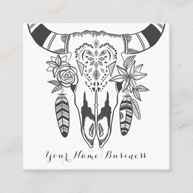Boho Cow Skull Grey and White Bohemian Square Business Card (Front)