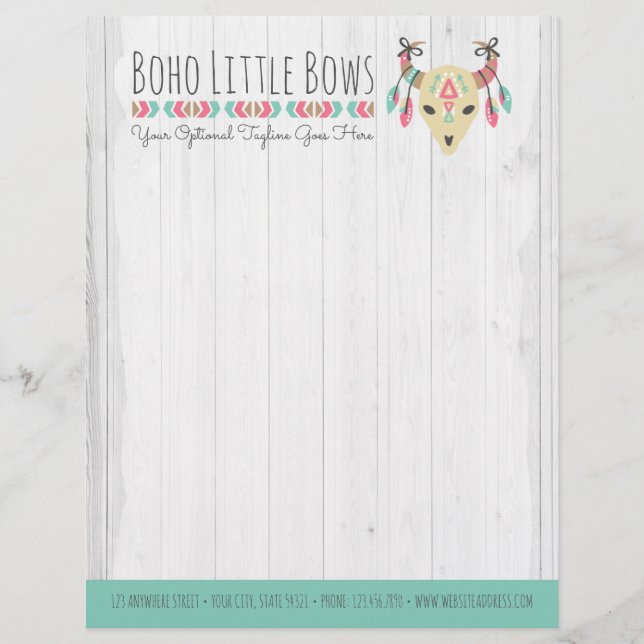 Boho Cow Skull With Bows Cute & Rustic Boutique Letterhead Template (Front)