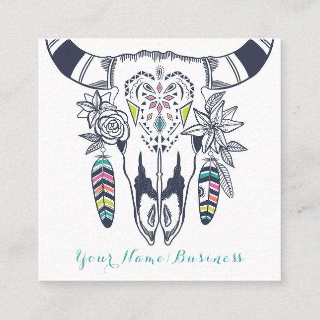 Boho Cow Skull with Turquoise Bohemian Square Business Card (Front)