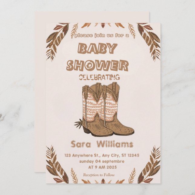 Boho Cowboy Boots baby shower invitation (Front/Back)