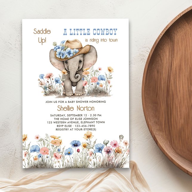 Boho Cowboy Elephant with Wildflowers Baby Shower Invitation (Little Cowboy invitation from the Boho Elephant Baby Shower Collection by Darling & May)
