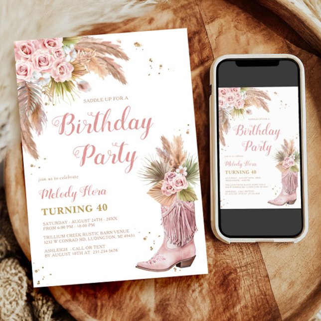 Boho Cowgirl Boot Pampas Grass Roses 40th Birthday Invitation (Boho Cowgirl Boot Pampas Grass Roses 40th Birthday Invitation)