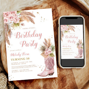 Boho Cowgirl Boot Pampas Grass Roses 50th Birthday Invitation