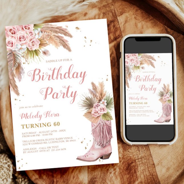 Boho Cowgirl Boot Pampas Grass Roses 60th Birthday Invitation (Boho Cowgirl Boot Pampas Grass Roses 60th Birthday Invitation)