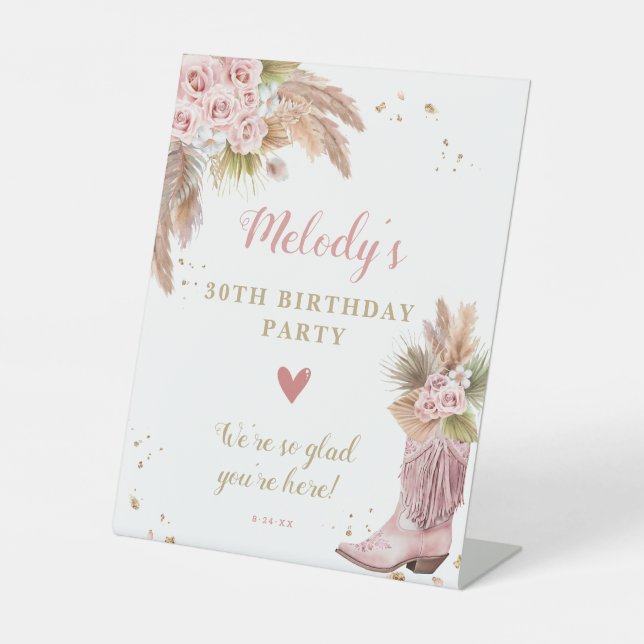 Boho Cowgirl Boot Pampas Grass Roses Welcome Pedestal Sign (Front)