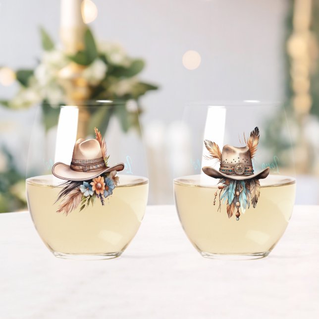 Boho Cowgirl Social Club Stemless Wine Glasses (Insitu (Wedding))
