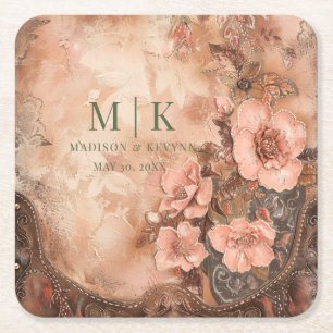 Boho Cowgirl Western Florals Wedding Square Paper Coaster