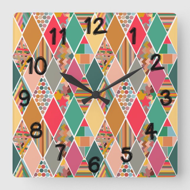 Boho Crazy Quilt Square Wall Clock (Front)