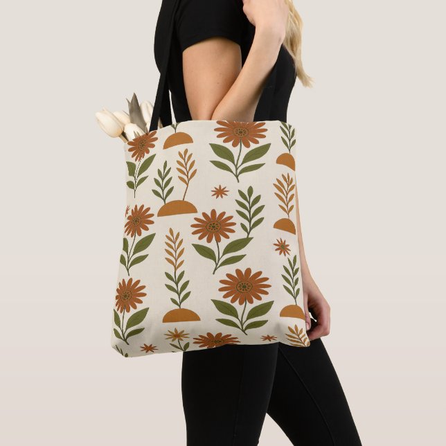 Boho Cream and Brown Floral Tote Bag (Close Up)