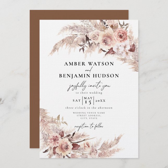 Boho Cream Beige Pampas Grass Floral Wedding Invitation (Front/Back)