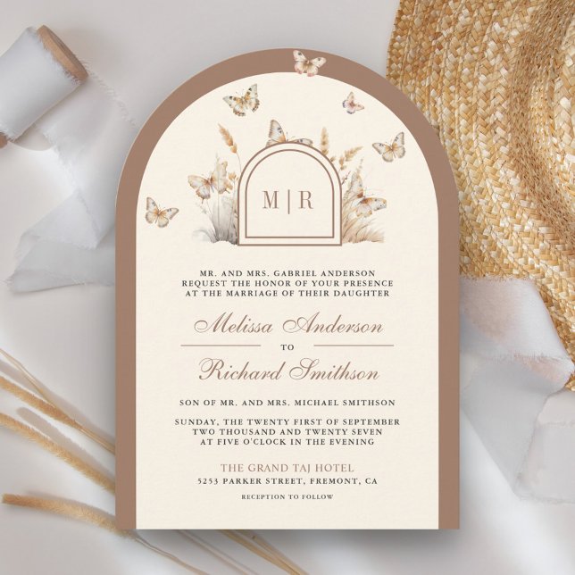 Boho Cream Beige Wildflower Butterfly Arch Wedding Invitation (Creator Uploaded)