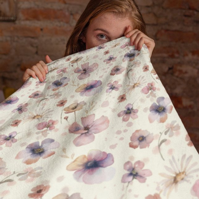 Boho Cream Blush Watercolor Wildflower Fleece Blanket (Creator Uploaded)
