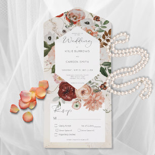 Boho Cream Burgundy Fall Floral Dinner All In One Invitation