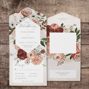 Boho Cream Burgundy Fall Floral Dinner All In One Invitation