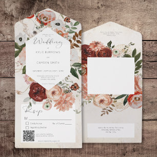 Boho Cream Burgundy Fall Floral QR Code All In One Invitation