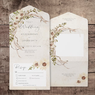 Boho Cream Daisies & Dried Grass Dinner All In One Invitation