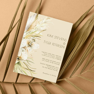 Boho cream floral botanical pampas grass wedding invitation