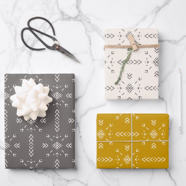 Boho cream, grey and yellow design wrapping paper sheet (Front)