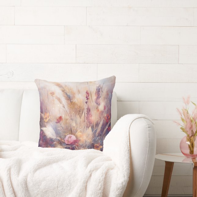 Boho Cream Red Pink Floral Feathers  Cushion (Couch)