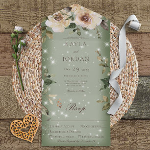 Boho Cream Roses Sparkle Sage Green Dinner All In One Invitation