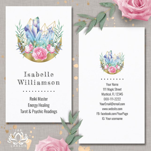 Boho Crescent Moon Crystal Cluster Pink Roses Chic Business Card (Creator Uploaded)