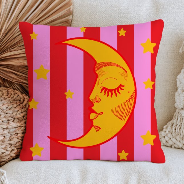 BOHO Crescent Moon Face Red& Pink Striped  Cushion (Creator Uploaded)