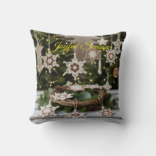 Boho Crochet Snowflake Christmas Throw Pillow (Front)