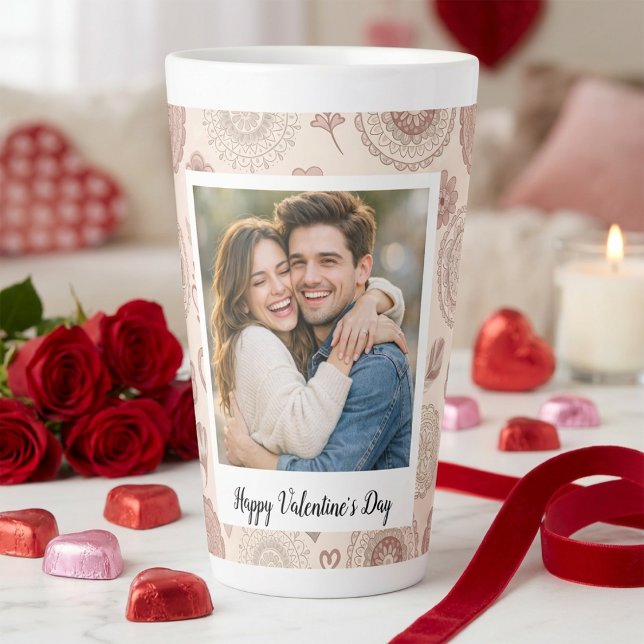 Boho Custom Photo & Text Valentine’s Day  Latte Mug (Creator Uploaded)