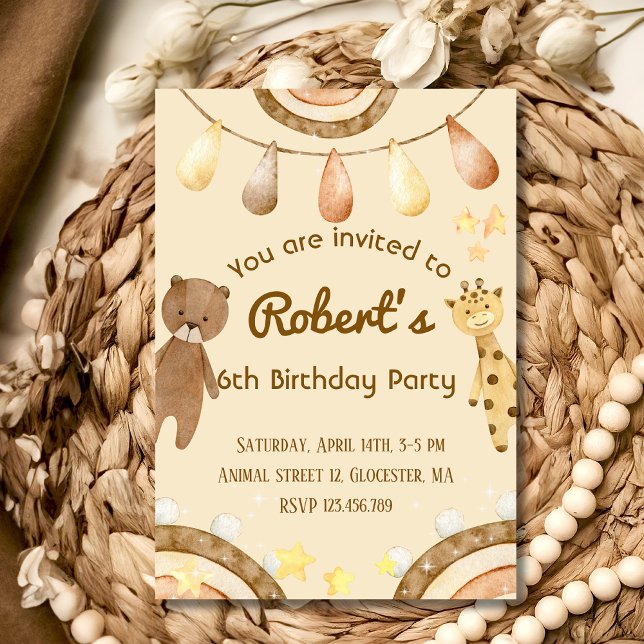 Boho cute Bear and Giraffe Birthday Invitation (Creator Uploaded)