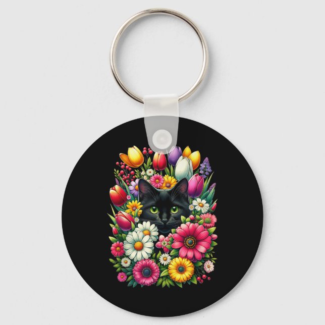 Boho Cute Black Cat Hiding In Spring Flowers  Key Ring (Front)