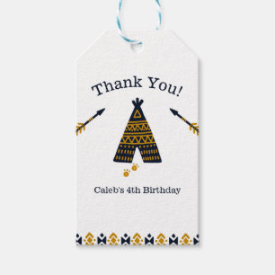 Boho Cute Blue Gold Tepee Birthday Party Favour Gift Tags