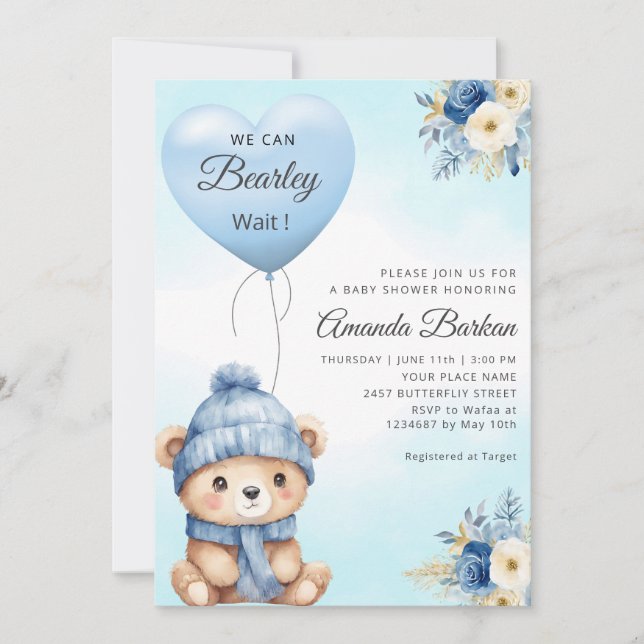 Boho Cute Boy Teddy Bear Blue Balloon Baby Shower  Invitation (Front)