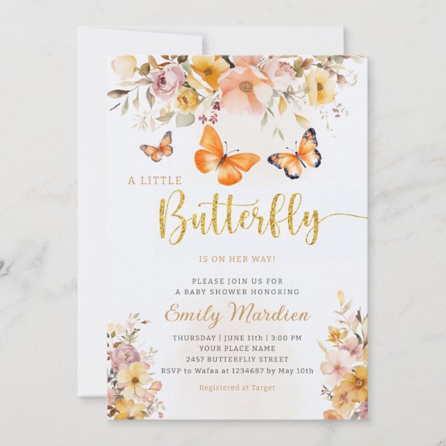 Boho Cute Butterfly Wildflower Girl Baby Shower  Invitation (Front)