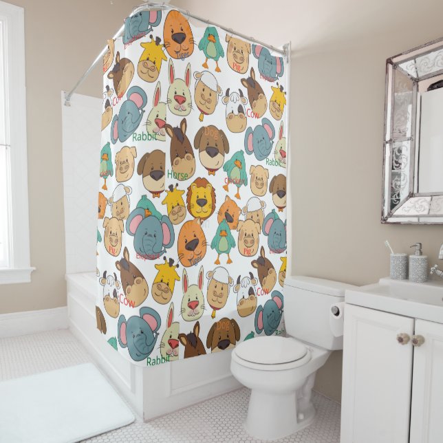 Boho cute cartoon safari animal family elephant shower curtain (In Situ)