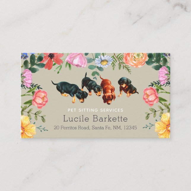 Boho Cute Dachshund Pet Sitting Wildflowers Beige Business Card (Front)