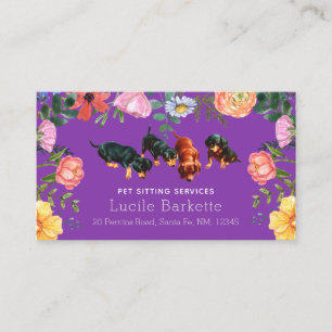 Boho Cute Dachshund Pet Sitting Wildflowers Purple Business Card