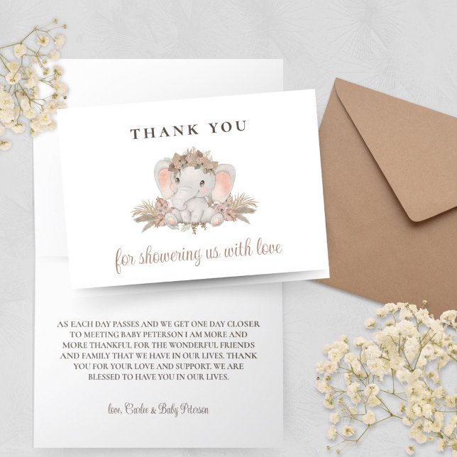 Boho Cute Elephant Baby Shower Thank You Card (Boho Elephant Baby Shower Thank You Cards with Pampas Grass Floral Design)