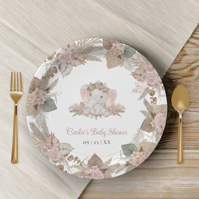 Boho Cute Elephant Gender Neutral Baby Shower Paper Plate (Boho Elephant Baby Shower Paper Plates with Blush Pink Neutral Floral Tones)