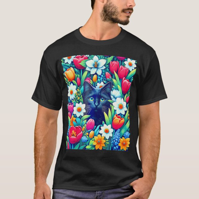 Boho Cute Floral Black Cat Hiding In Spring Flower T-Shirt (Front)