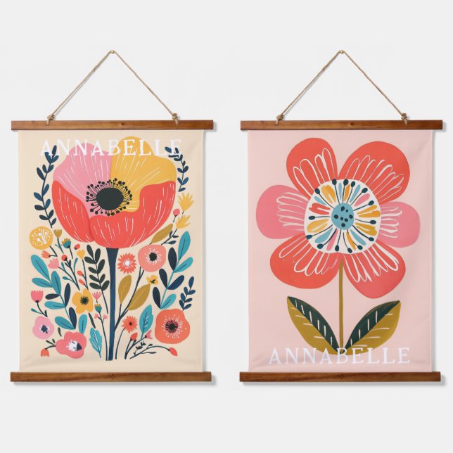 Boho Cute Flowers Illustration First Name Hanging Tapestry (Double)