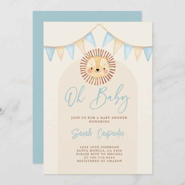 Boho Cute Lion Baby Shower Boy Invitation (Front/Back)