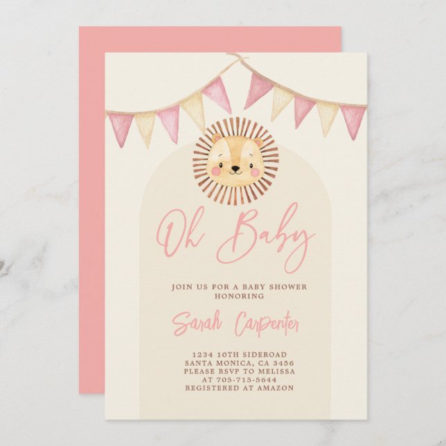 Boho Cute Lion Baby Shower Girl Invitation (Front/Back)