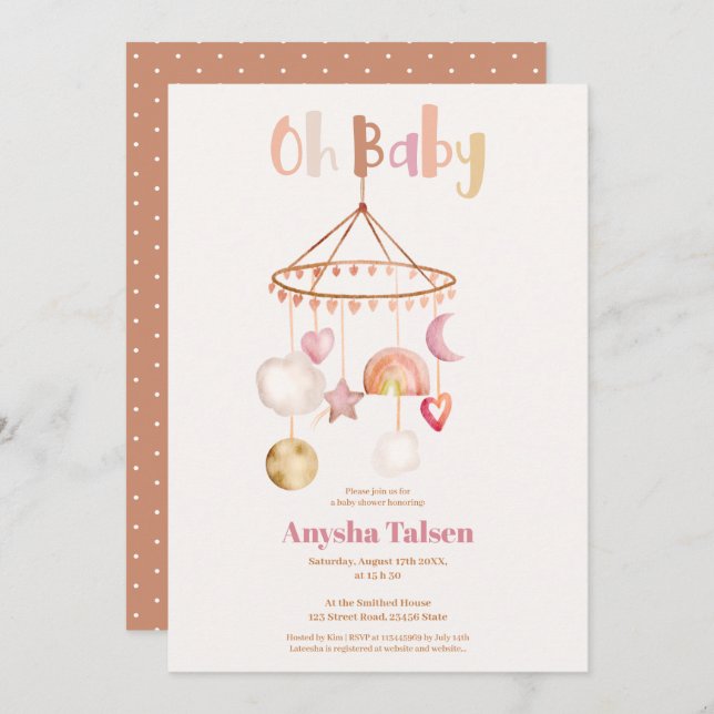 Boho cute mobile rainbow watercolor oh baby shower invitation (Front/Back)