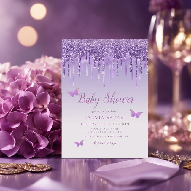 Boho Cute Ombre Purple Butterfly Girl Baby Shower Invitation (Creator Uploaded)