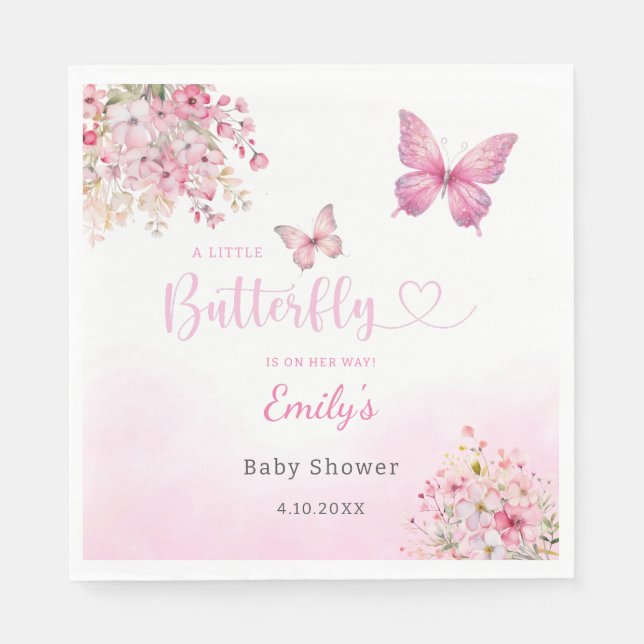 Boho Cute Pink Floral Butterfly Girl Baby Shower  Napkin (Front)