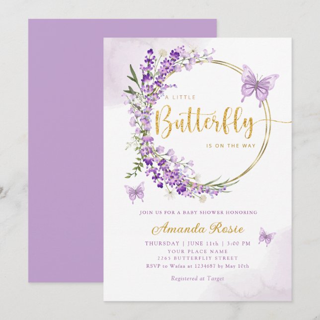 Boho Cute Purple Floral Butterfly Girl Baby Shower Invitation (Front/Back)